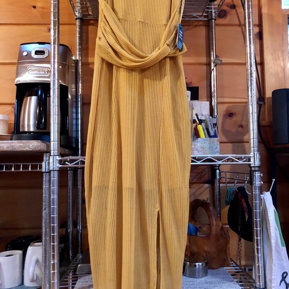 Express Twist Front Rib Sheath Midi Yellow Dress - Picture 8 of 11